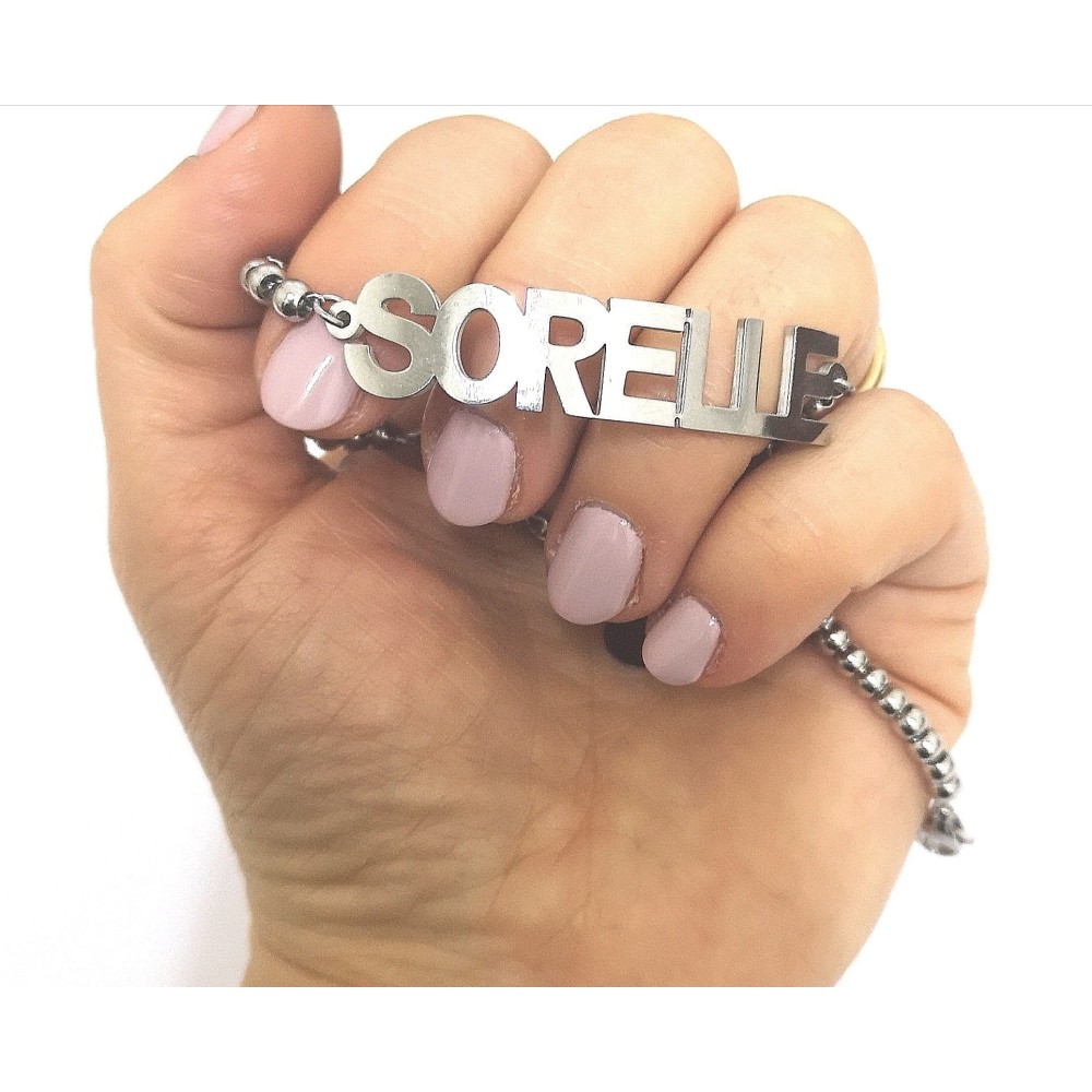 Bracciale con sfere e scritta Sorelle in acciaio