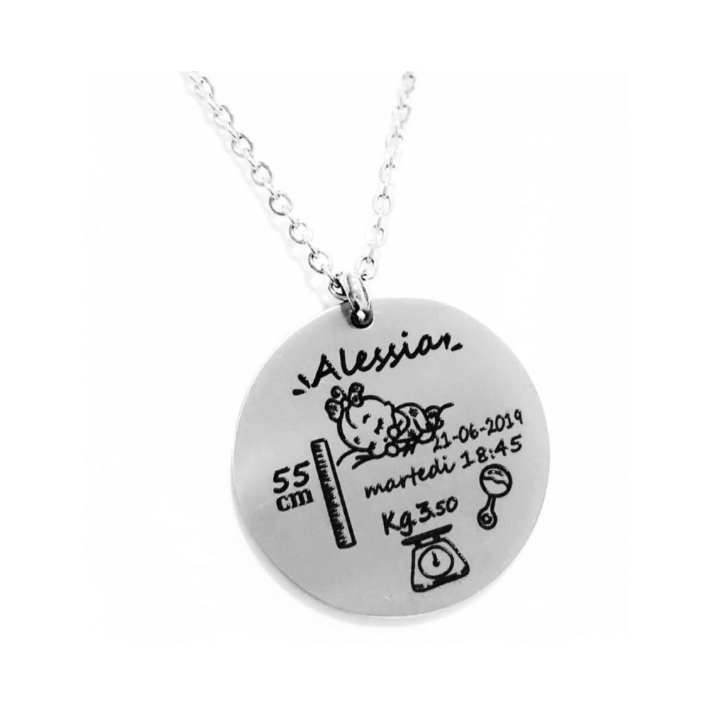 Collana nascita con pendente tondo in acciaio