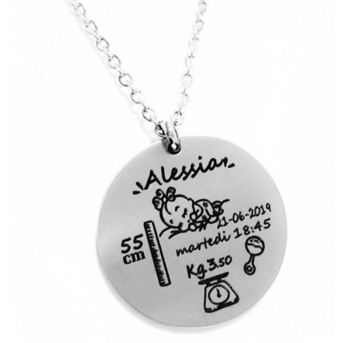 Collana nascita con pendente tondo in acciaio