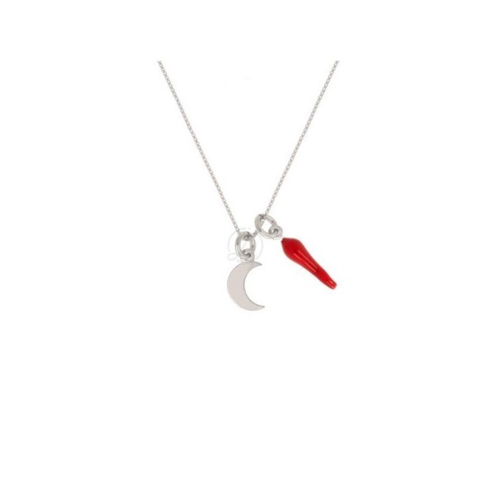 Collana con ciondolo corno portafortuna e luna in argento 925