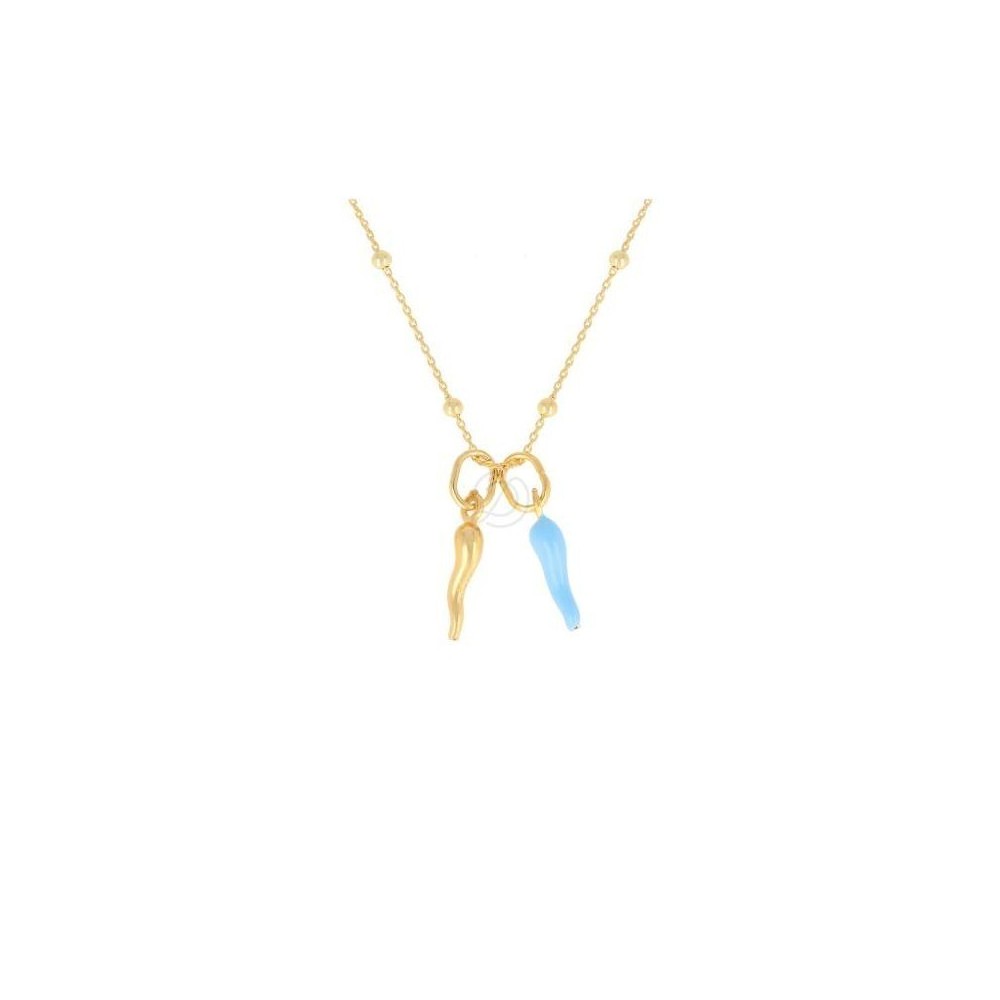 Donipreziosi Collana Girocollo Con Doppio Ciondolo Corno Portafortuna - Catenina Veneziana In Argento 925 Placcato Oro, Made In Italy