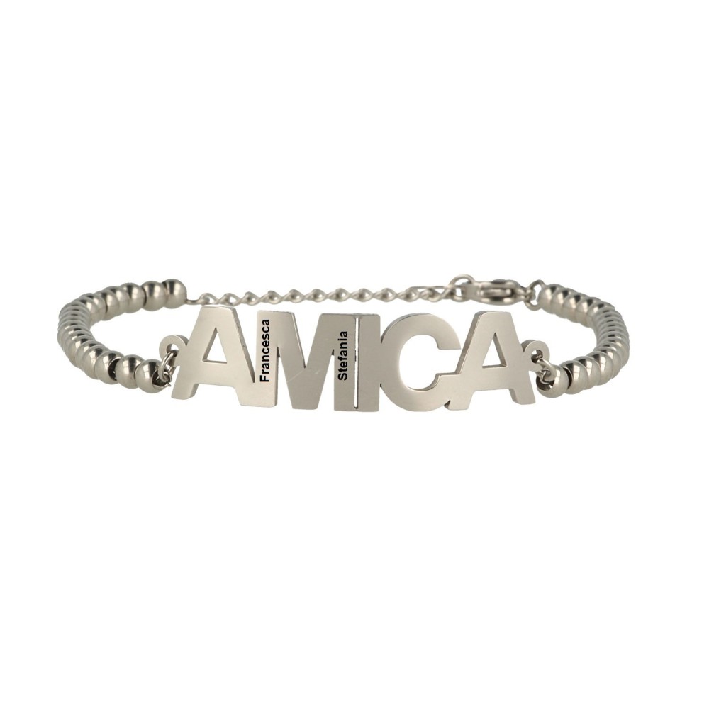 Bracciale sfere e scritta Amica in acciaio