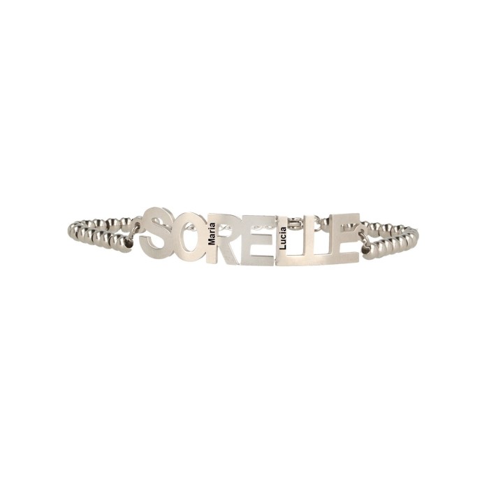 Bracciale con sfere e scritta Sorelle in acciaio