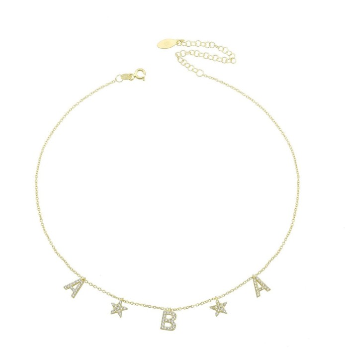 Collana con stelle e lettere pavè in argento placcato oro