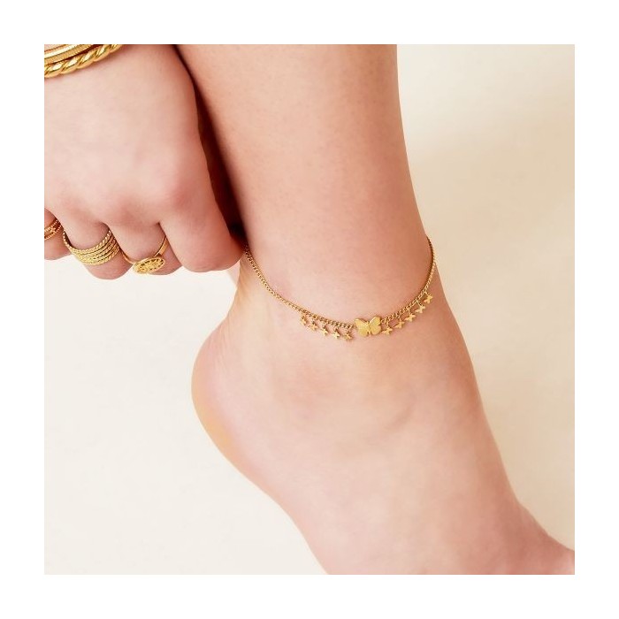 Cavigliera in acciaio con farfalle pendenti bagnata in oro