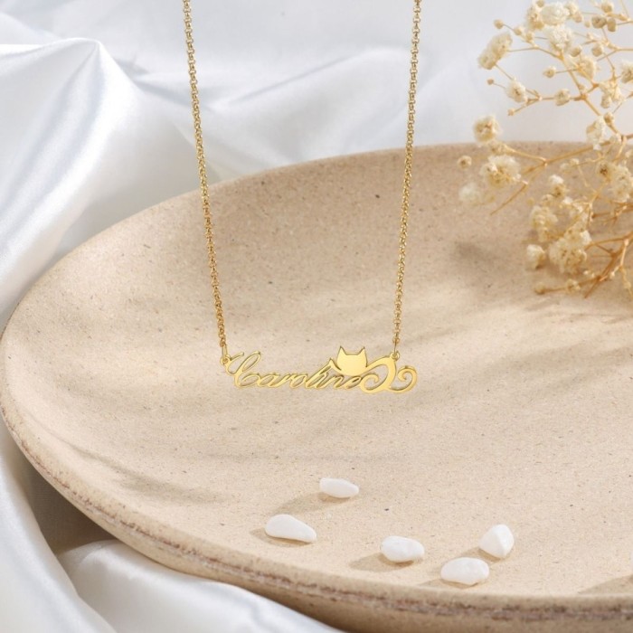 Collana con nome personalizzato in argento e gattino