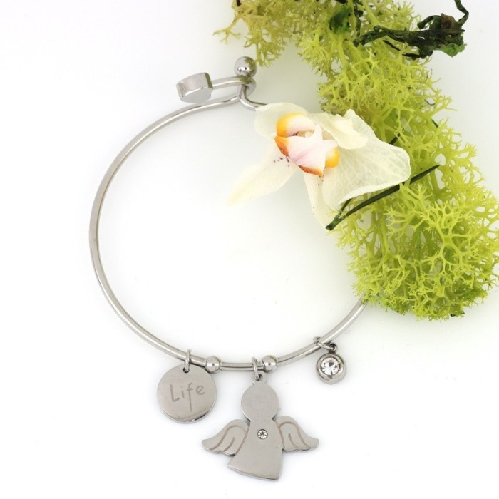 Bracciale donna in acciaio rigido con pendente angioletto