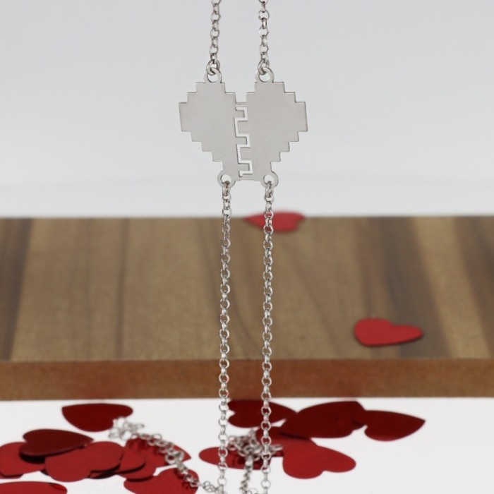 Coppia bracciali cuore spezzato pixel in argeno 925 personalizzabile San Valentino