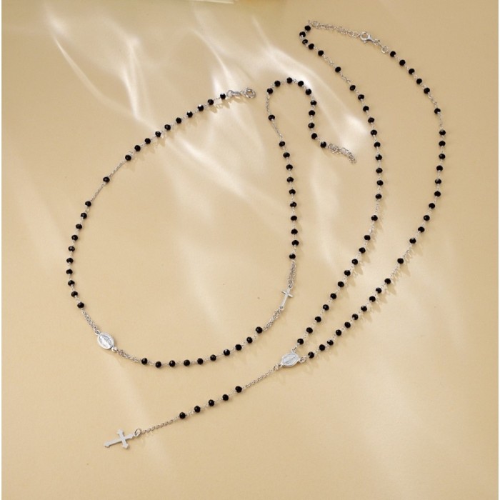 Collana rosario in argento 925% con grani neri uomo donna unisex