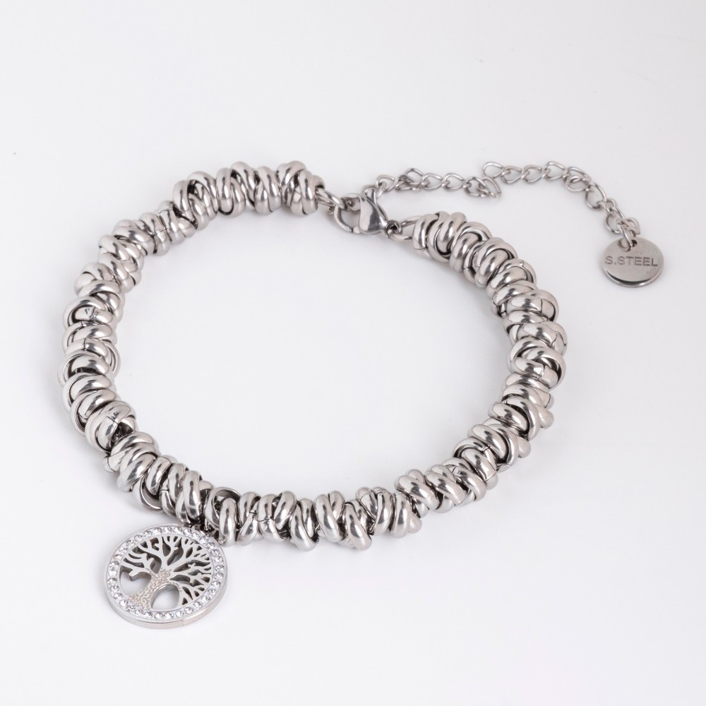 Bracciale acciaio donna ad anellini intrecciati con albero della vita
