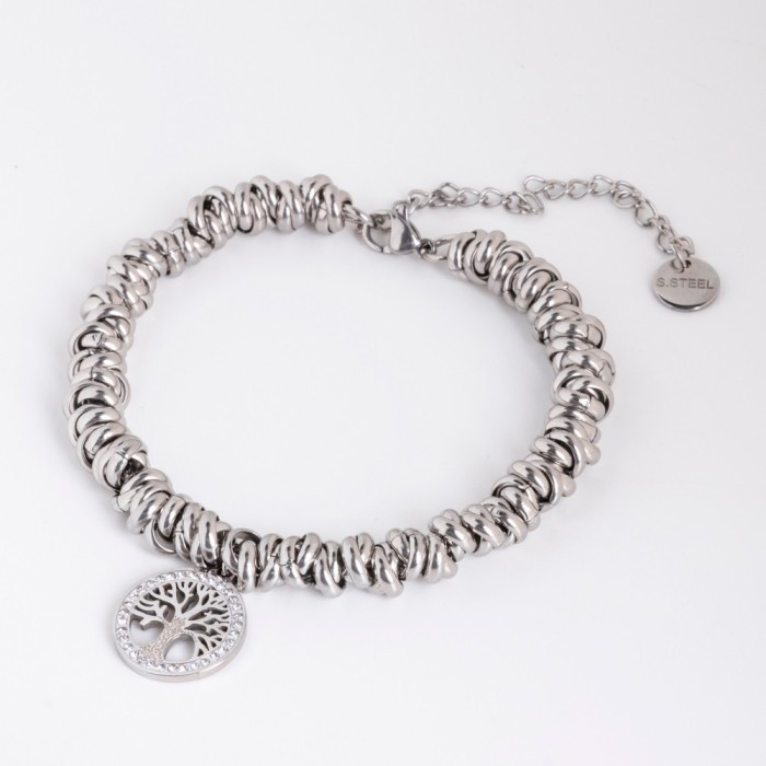 Bracciale acciaio donna ad anellini intrecciati con albero della vita