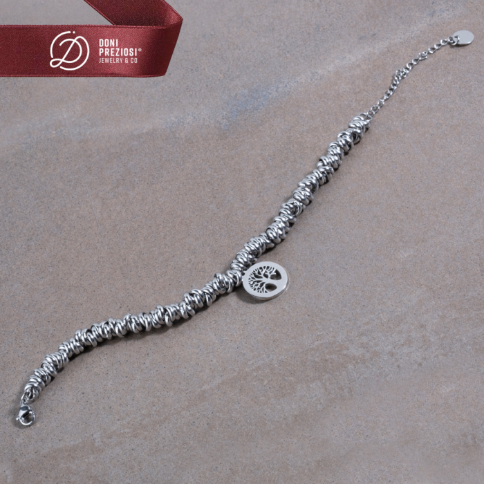 Bracciale acciaio donna ad anellini intrecciati con albero della vita