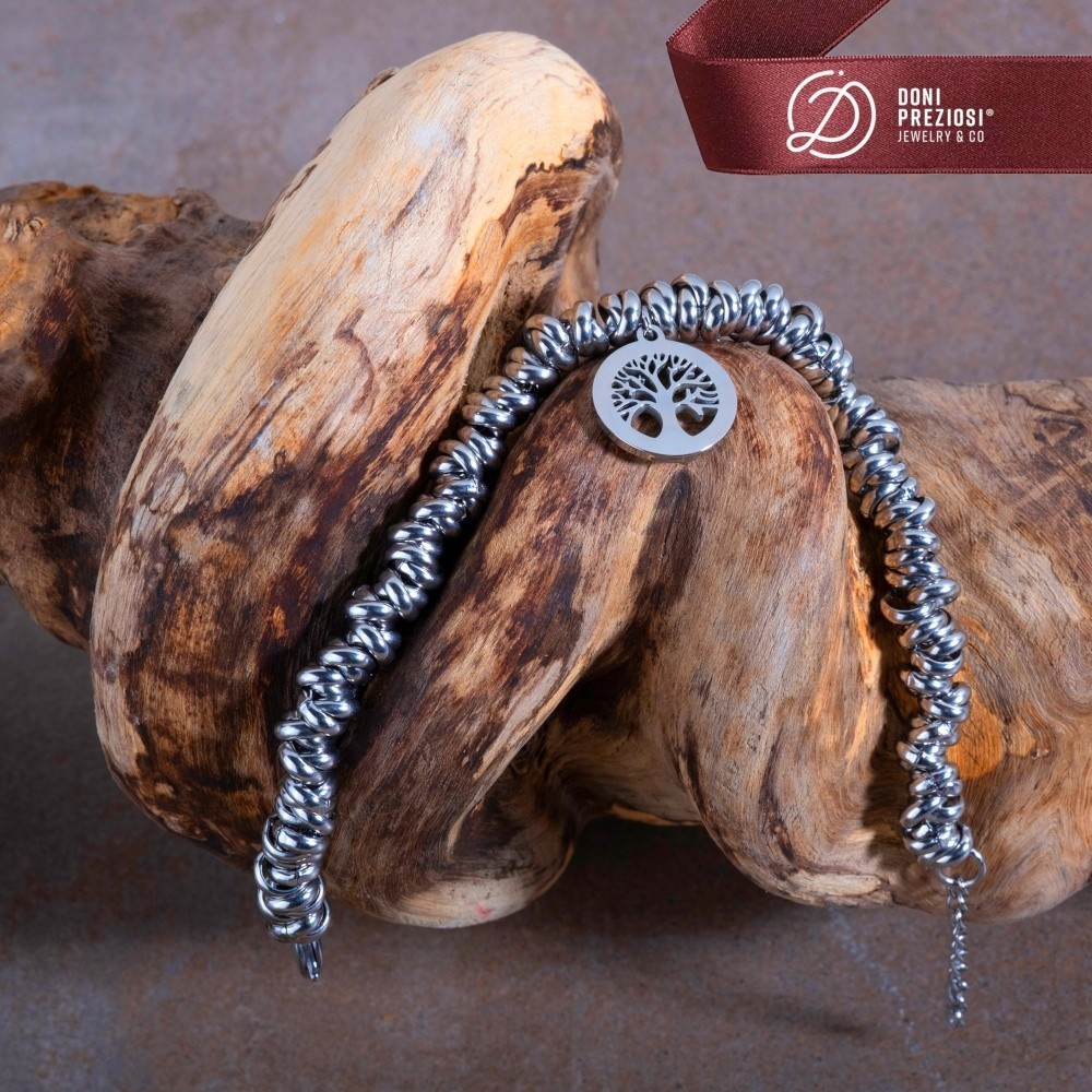 Bracciale acciaio donna ad anellini intrecciati con albero della vita