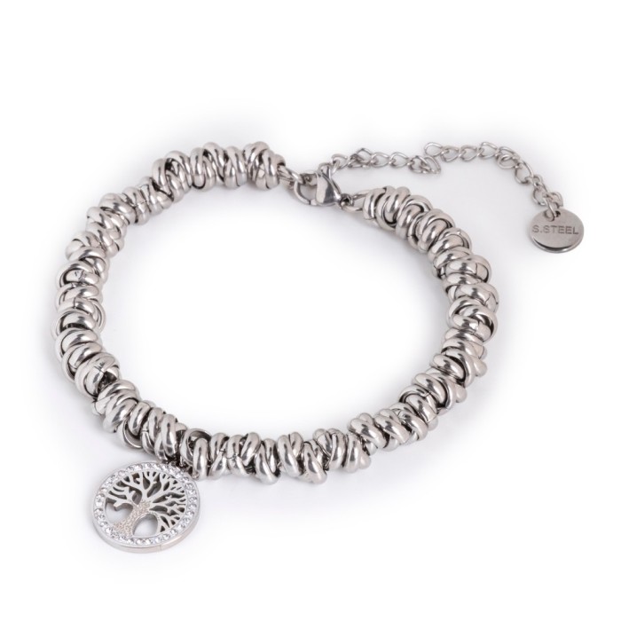 Bracciale acciaio donna ad anellini intrecciati con albero della vita