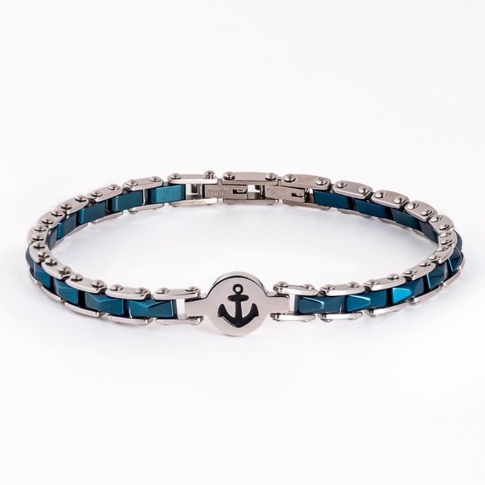 Bracciale uomo con ancora in acciaio con ceramica blu