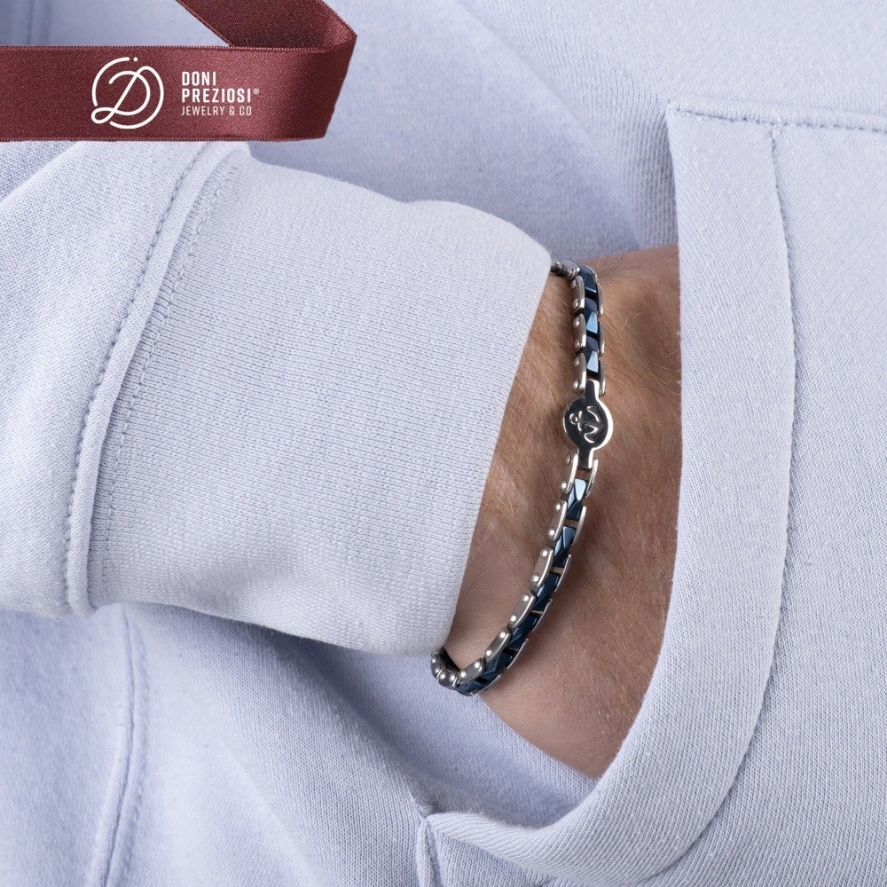 Bracciale uomo con ancora in acciaio con ceramica blu