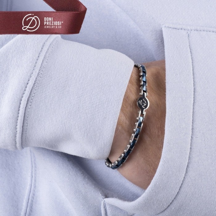 Bracciale uomo con ancora in acciaio con ceramica blu