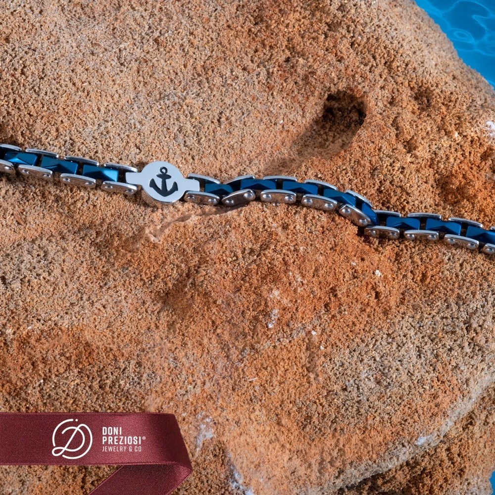 Bracciale uomo con ancora in acciaio con ceramica blu