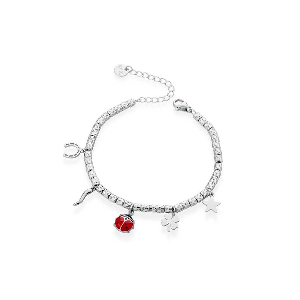 Bracciale con ciondoli portafortuna in acciaio
