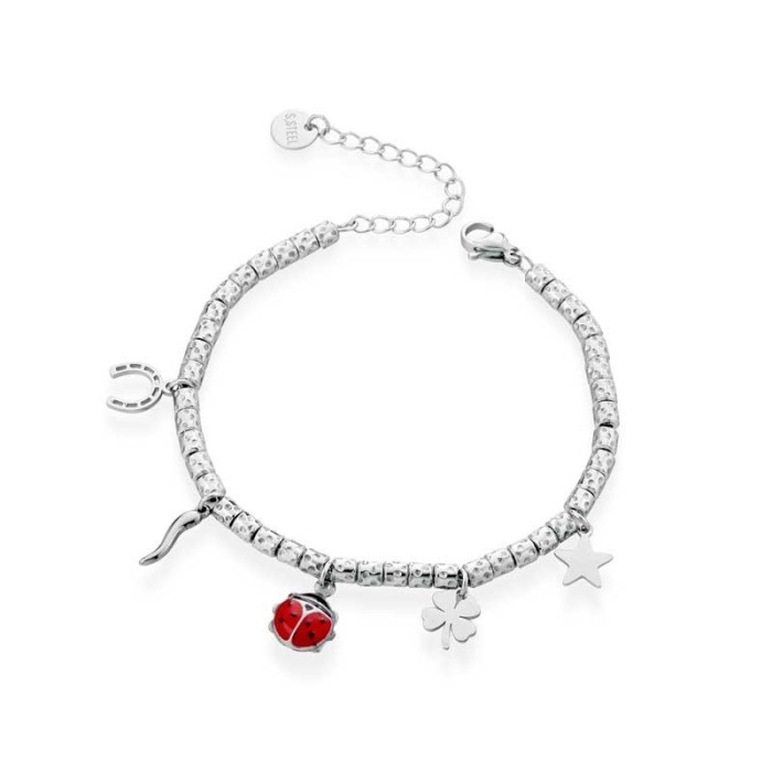 Bracciale con ciondoli portafortuna in acciaio