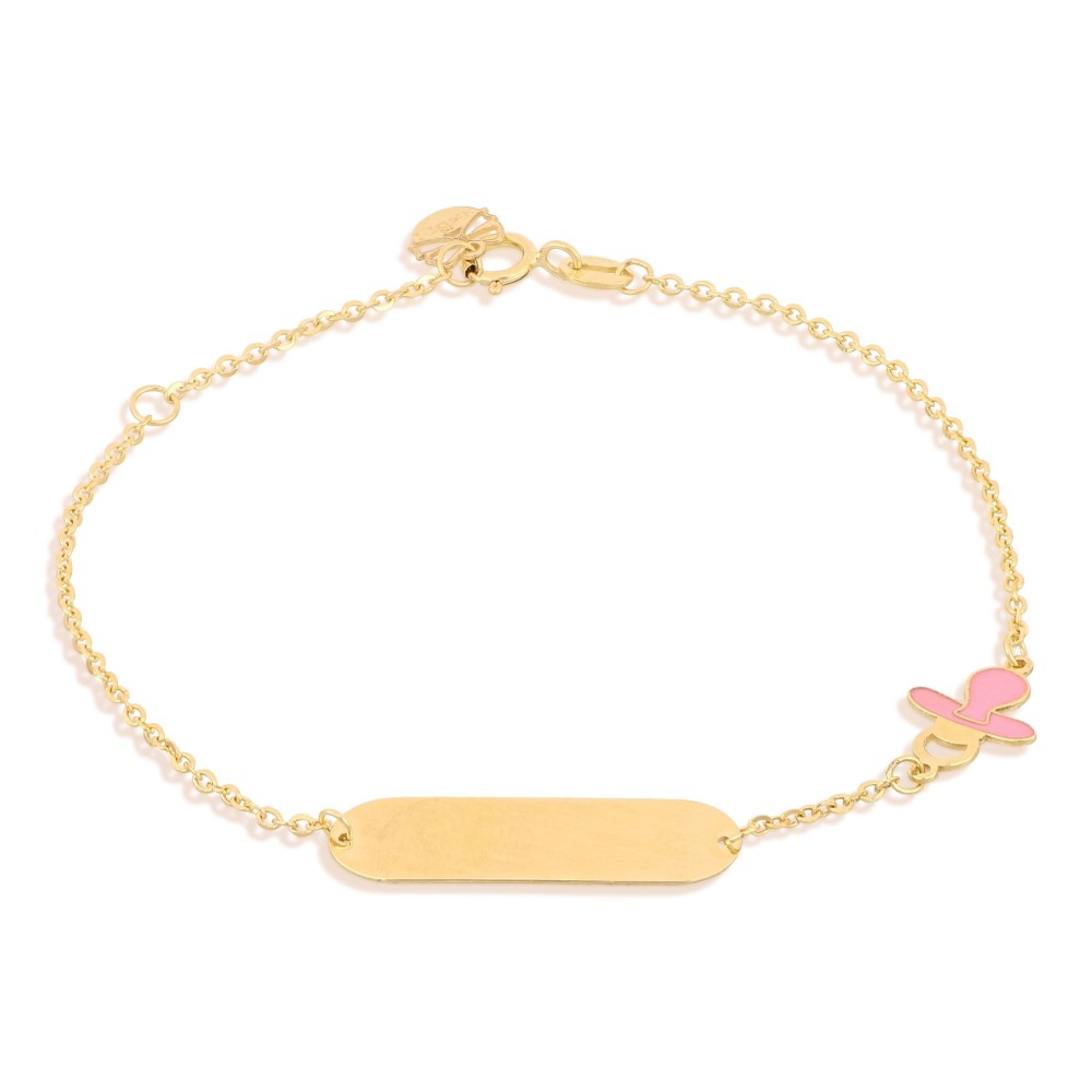 Bracciale bimba con targhetta in oro 18 carati incisione omaggio e ciuccio