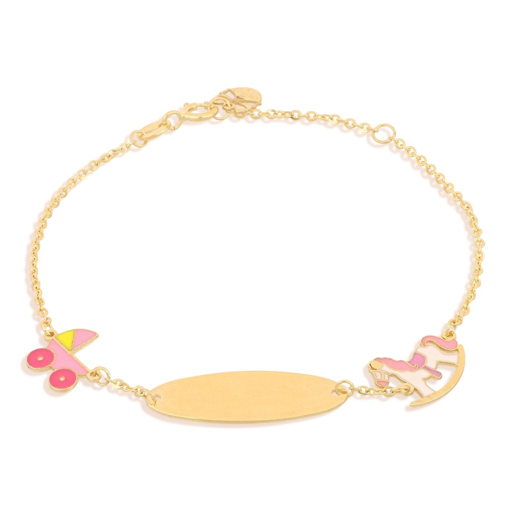 Bracciale bimba con targhetta in oro 18 carati incisione omaggio con cavalluccio e carrozzina