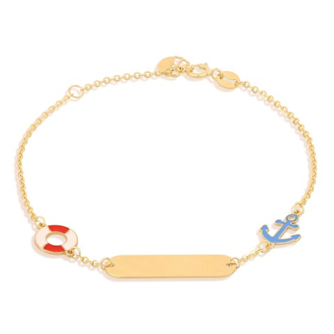 Bracciale bimbo con targhetta in oro 18 carati incisione omaggio con ancoretta e salvagente
