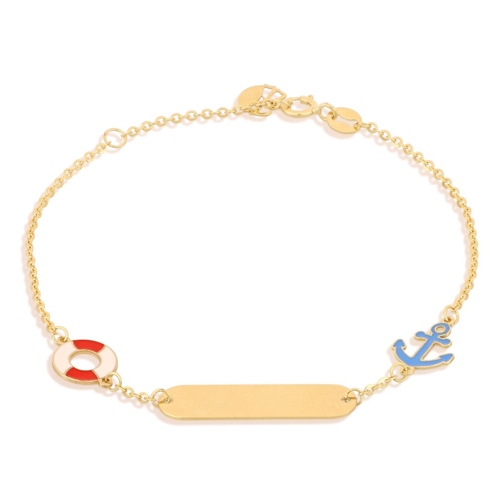 Bracciale bimbo con targhetta in oro 18 carati incisione omaggio con ancoretta e salvagente