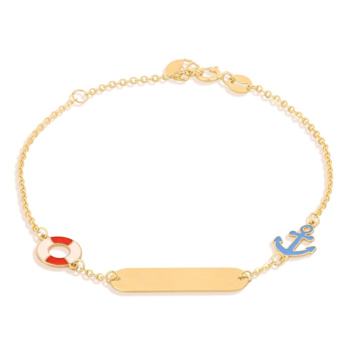 Bracciale bimbo con targhetta in oro 18 carati incisione omaggio con ancoretta e salvagente