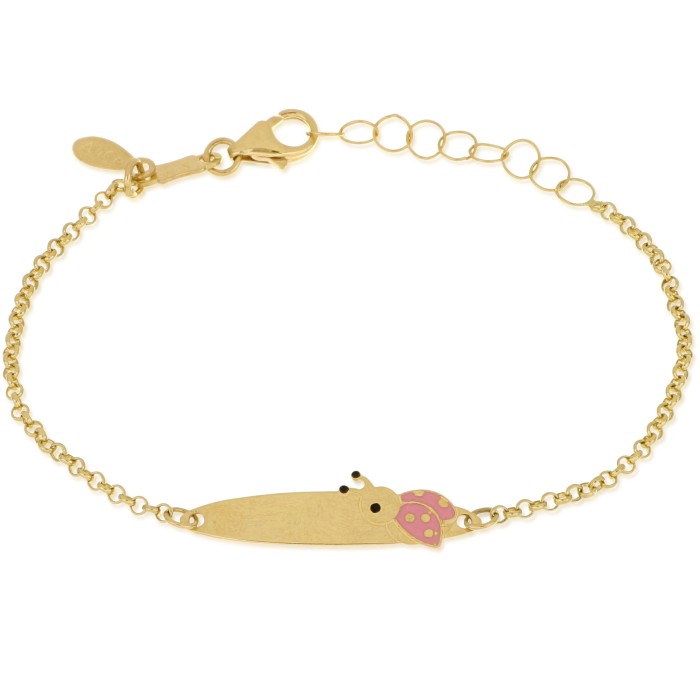 Bracciale bimba con targhetta in oro 18 carati incisione omaggio e coccinella
