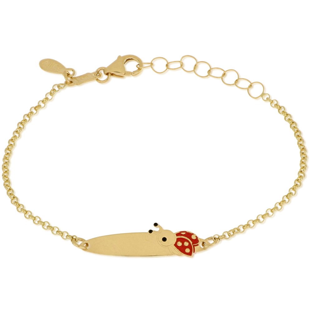 Bracciale bimba/o con targhetta in oro 18 carati incisione omaggio e coccinella
