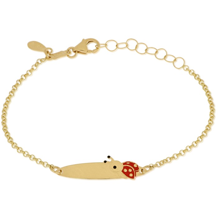 Bracciale bimba/o con targhetta in oro 18 carati incisione omaggio e coccinella