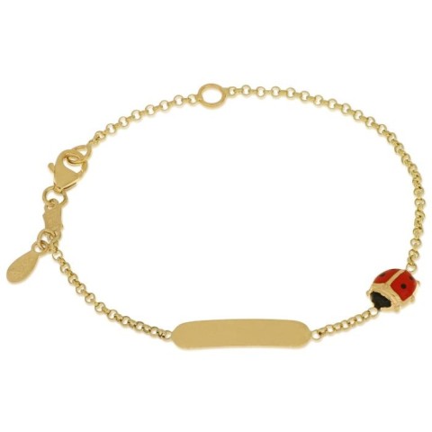 Bracciale bimba/o con targhetta in oro 18 carati incisione omaggio e coccinella