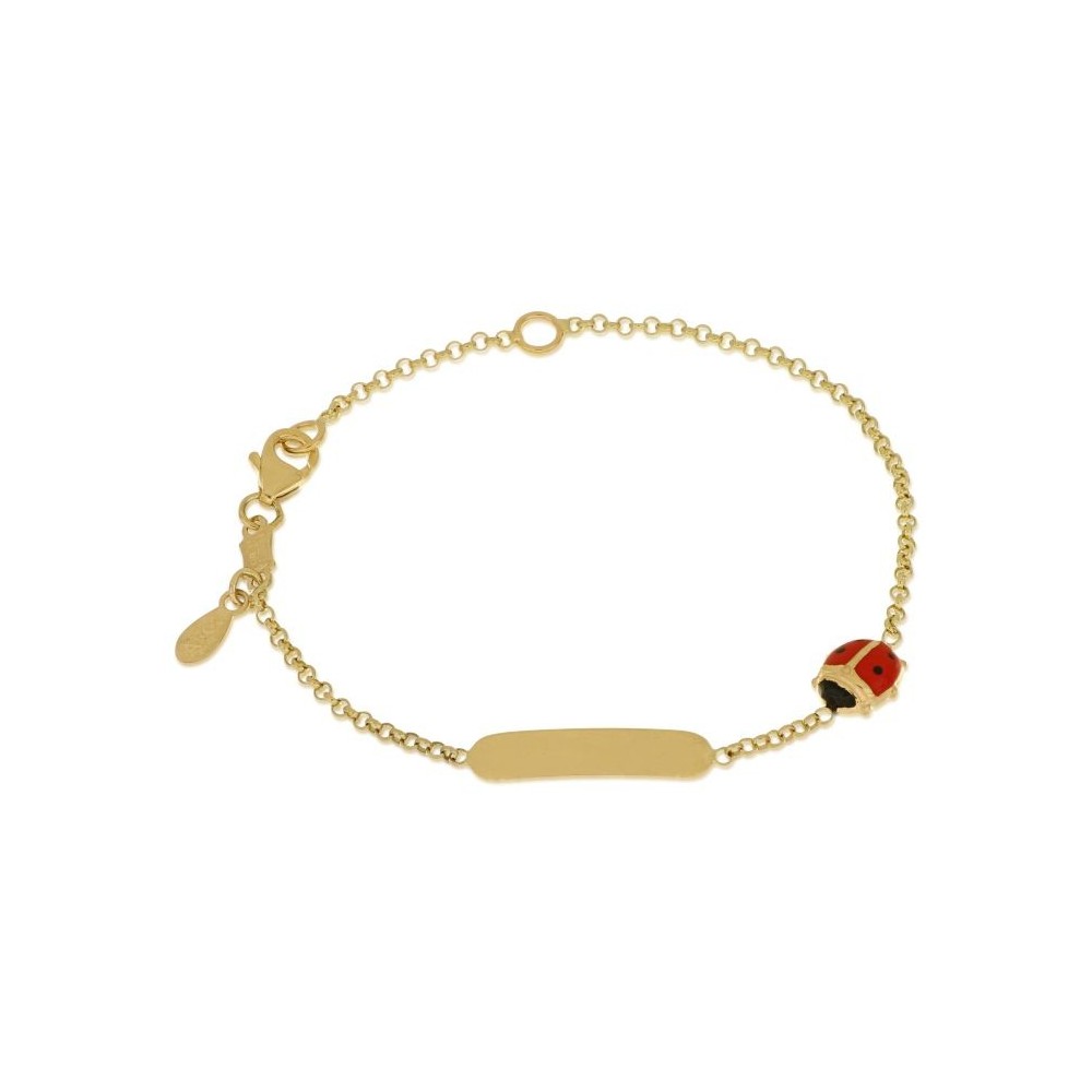 Bracciale bimba/o con targhetta in oro 18 carati incisione omaggio e coccinella