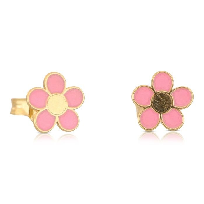 Coppia di orechini bambina con fiorellino smaltata in oro giallo 18 carati