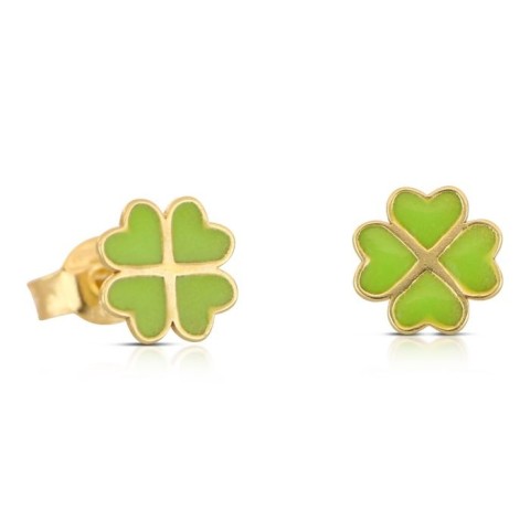 Coppia di orechini bambina con quadrifoglio smaltato in oro giallo 18 carati