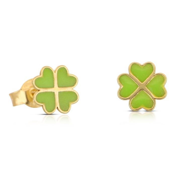 Coppia di orechini bambina con quadrifoglio smaltato in oro giallo 18 carati