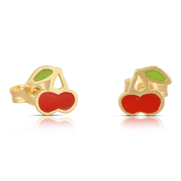 Coppia di orechini bambina con ciliegine smaltate in oro giallo 18 carati