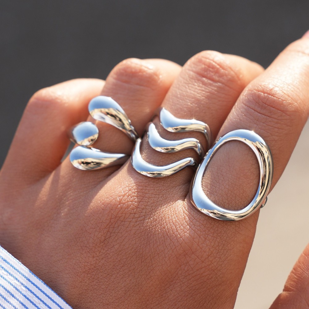 Set 3 Anelli Onda Tripla Silver - Design Regolabile e Bold
