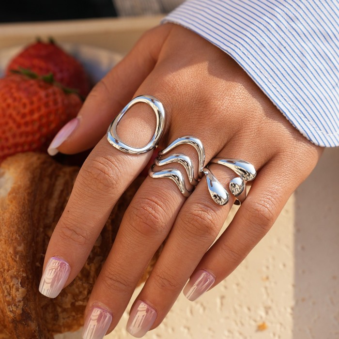 Set 3 Anelli Onda Tripla Silver - Design Regolabile e Bold