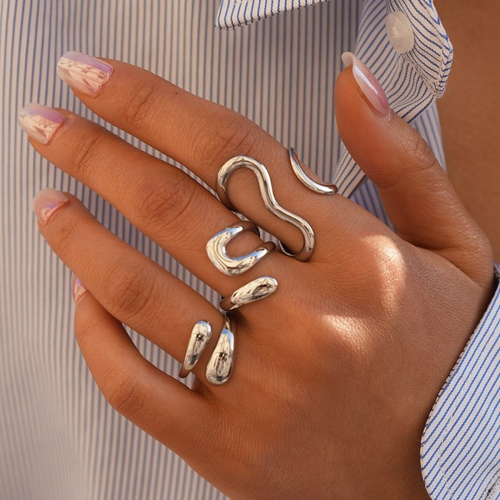 Set Anelli Silver Weaving - Design Intrecciato Argento Lucido