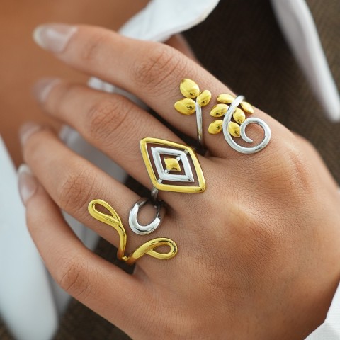 Set Anelli Ethereal Fusion - Design Foglie e Geometrie Bicolore