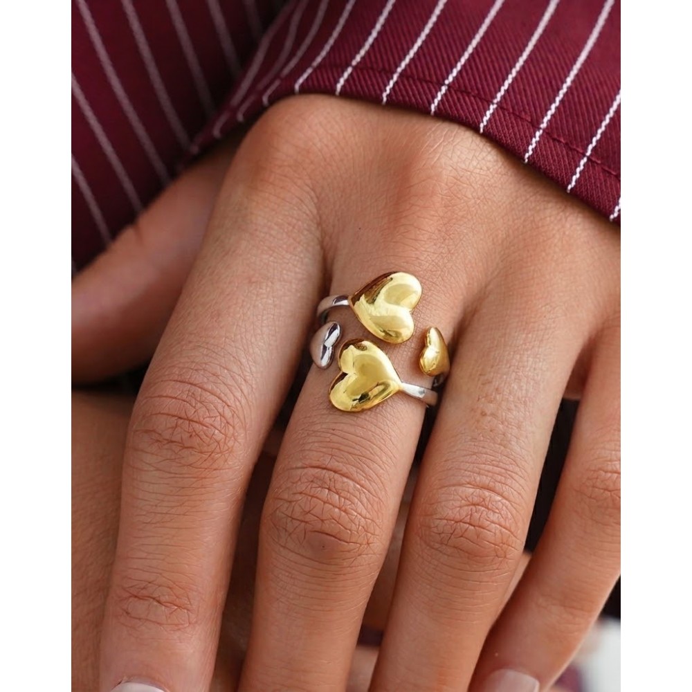 Anello Multi-Cuore Bicolor Oro e Argento
