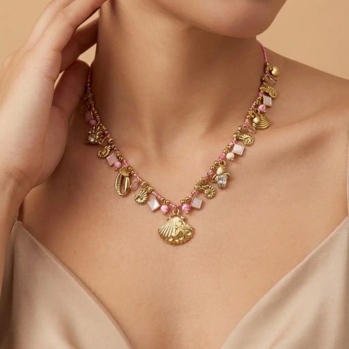 Collana Marina in Acciaio Inox con Charm e Pietre Colorate