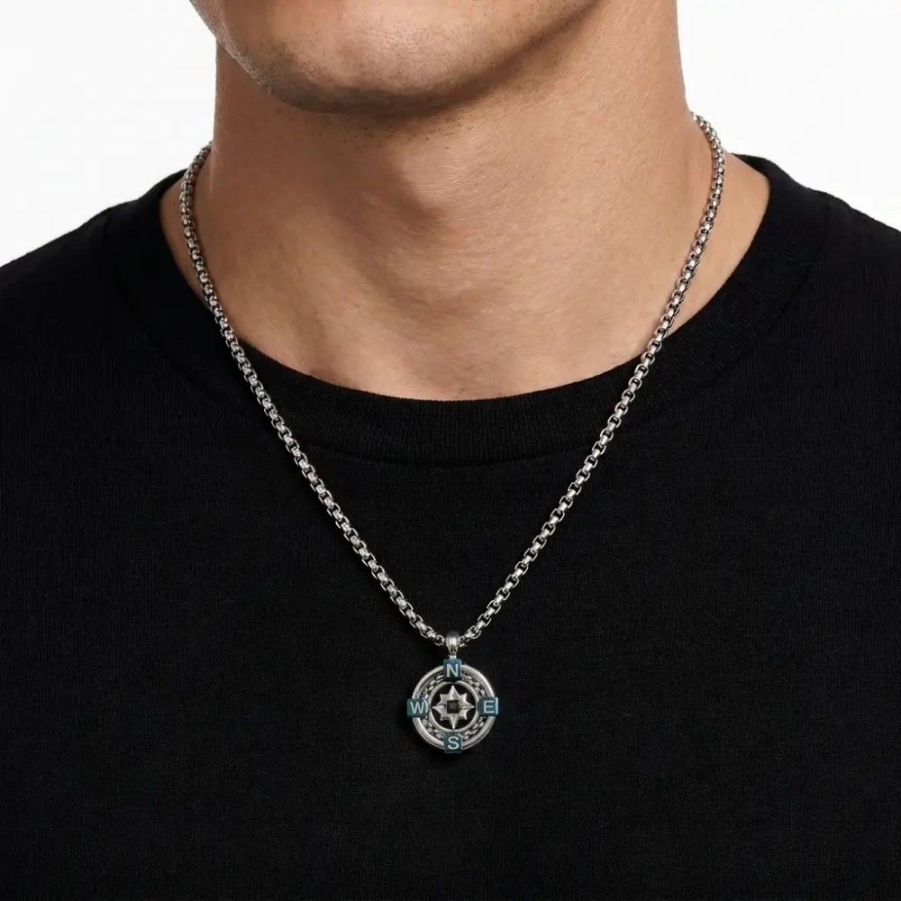 Collana Uomo Bussola Azzurra in Acciaio