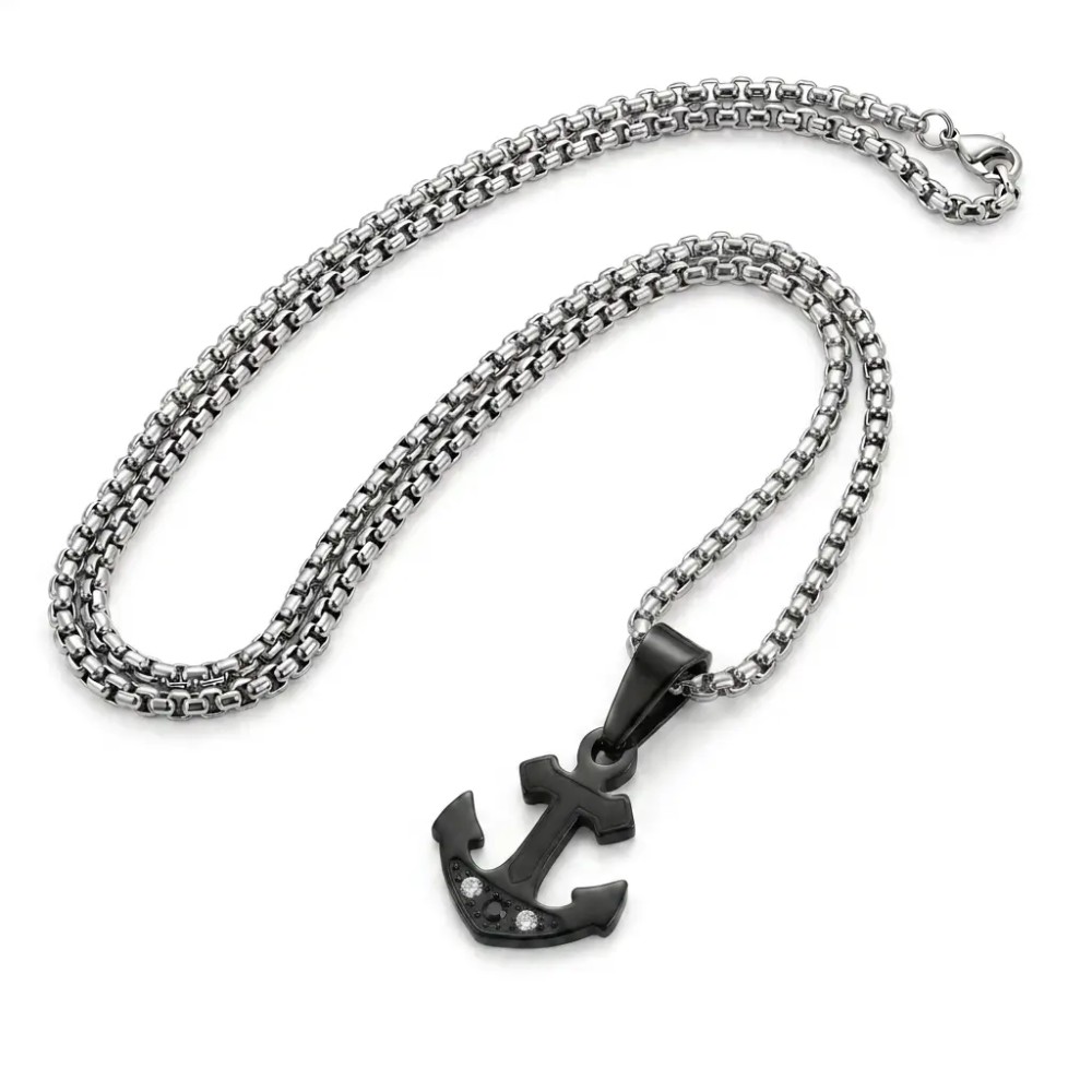 Collana uomo con ancora nera in acciaio – Doni Preziosi