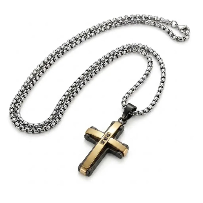Collana uomo crocifisso in acciaio color oro e nero – Doni Preziosi