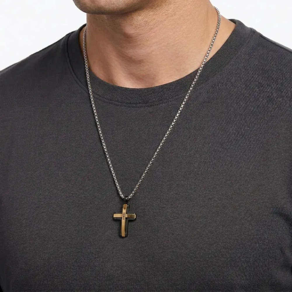 Collana Uomo Crocifisso in Acciaio Color Oro e Nero