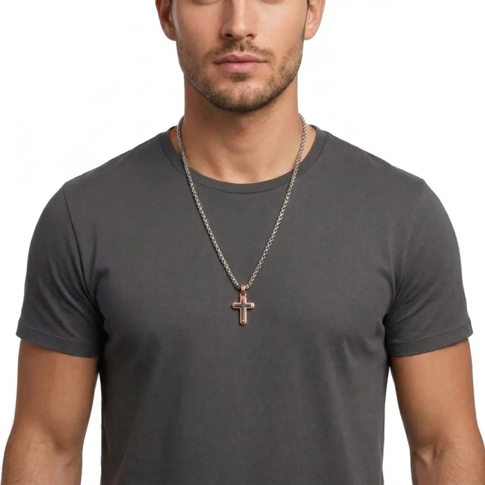 Collana Uomo Croce in Acciaio Color Oro Rosa