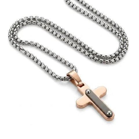 Collana uomo con croce in acciaio color oro rosa – Doni Preziosi